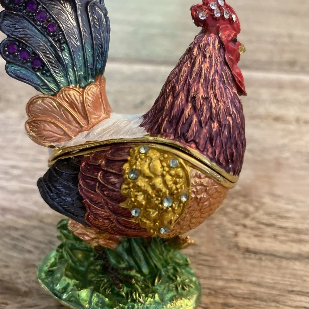 Bejeweled Colorful Rooster Jeweled  Trinket Box Hinged Magnetic Closure Small